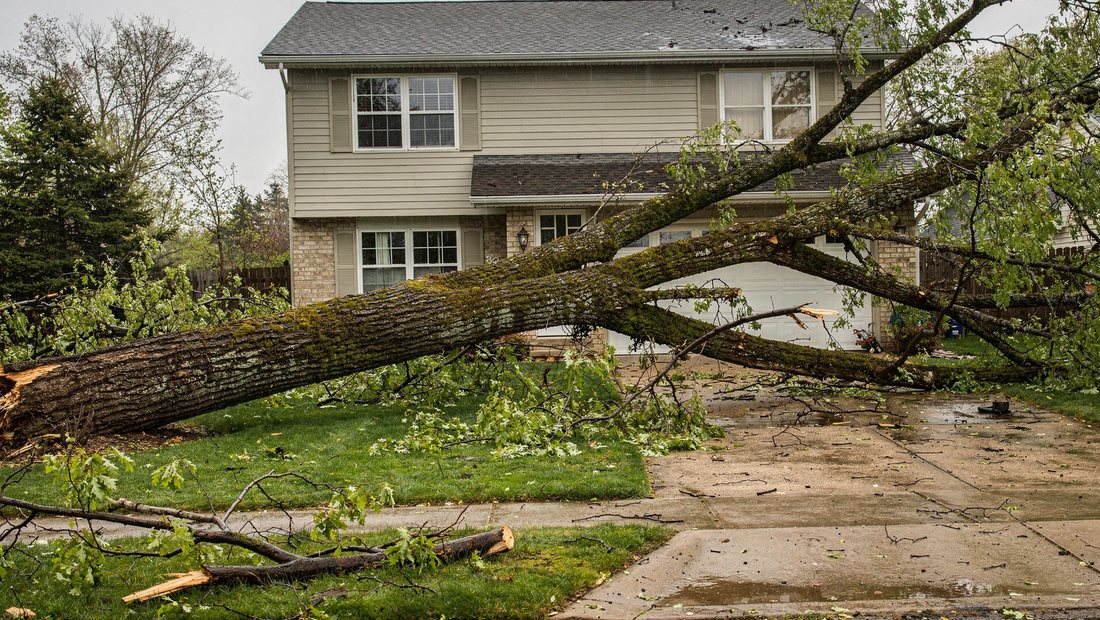 Storm-damaged tree limbs cleared off a roof in Durham, NC