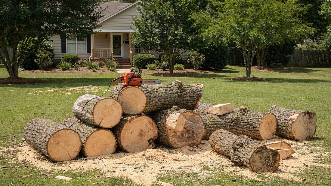 Large hardwood tree taken down limb by limb in a Durham, NC yard